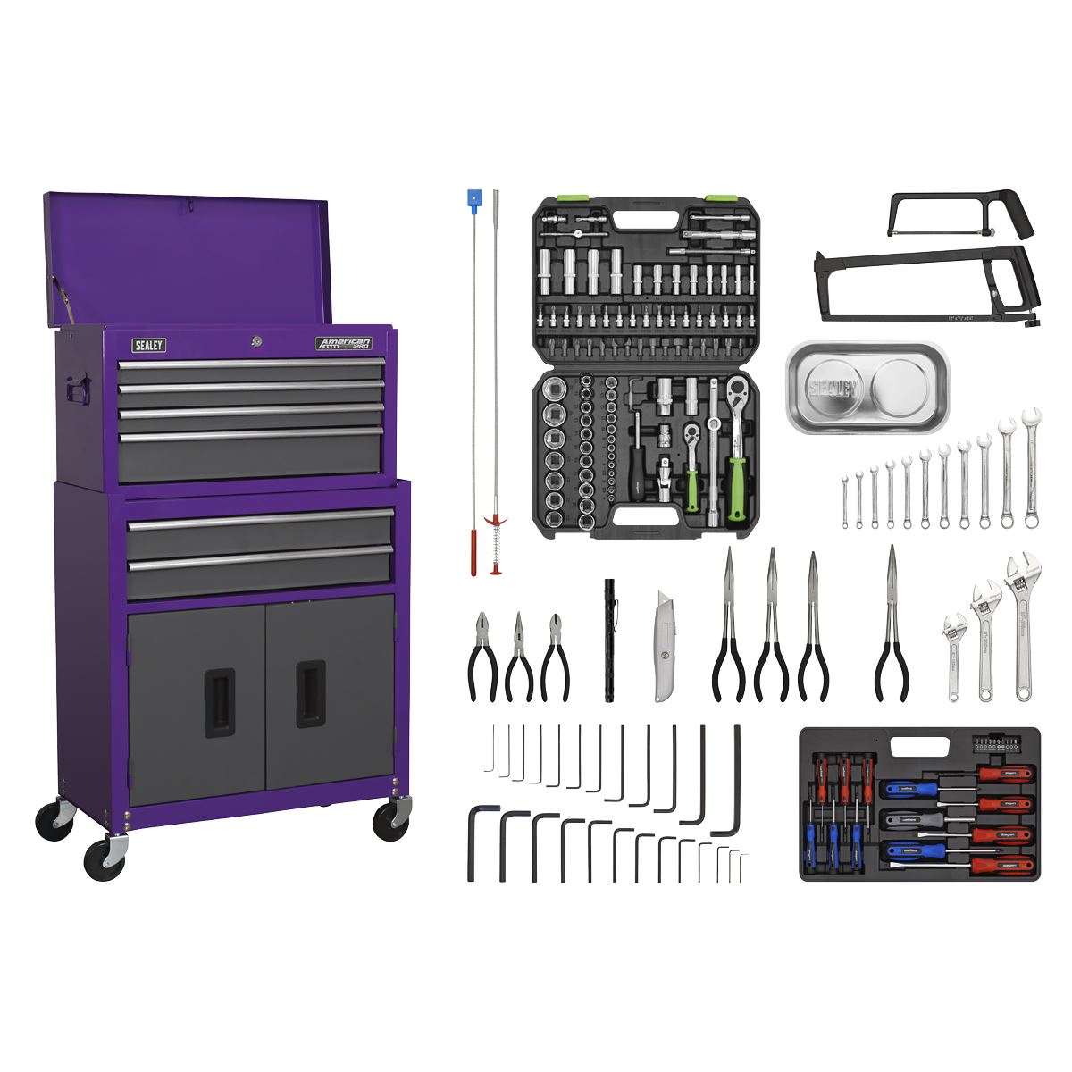 Sealey AP2200COMBOCP Topchest & Rollcab Combination 6 Drawer with Ball-Bearing Slides - Purple/Grey & 170pc Tool Kit Sealey