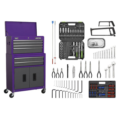 Sealey AP2200COMBOCP Topchest & Rollcab Combination 6 Drawer with Ball-Bearing Slides - Purple/Grey & 170pc Tool Kit Sealey