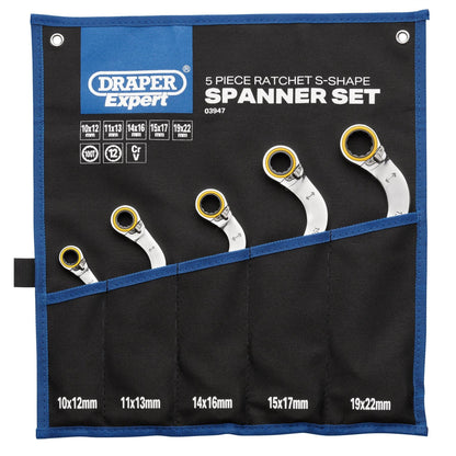 Draper 03947 Expert HI-TORQ® Double Ring Ratchet S-Shape Spanner Set 5 Piece Draper