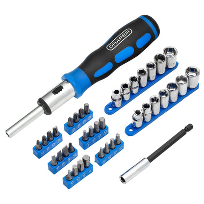 Draper 21010 Ratchet Screwdriver Socket and Bit Set 1/4" Sq. Dr. 40 Piece Draper