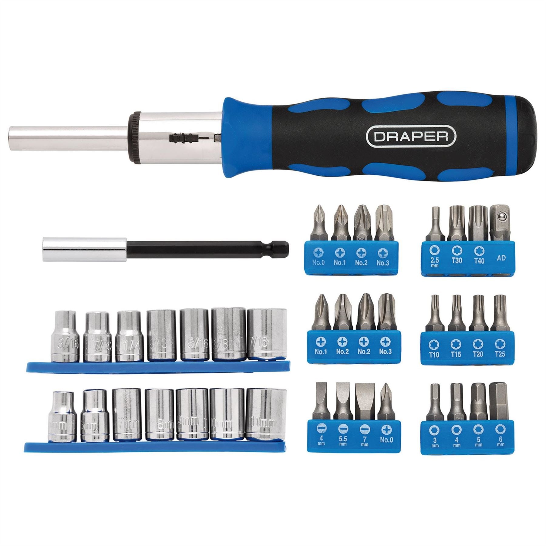 Draper 21010 Ratchet Screwdriver Socket and Bit Set 1/4" Sq. Dr. 40 Piece Draper