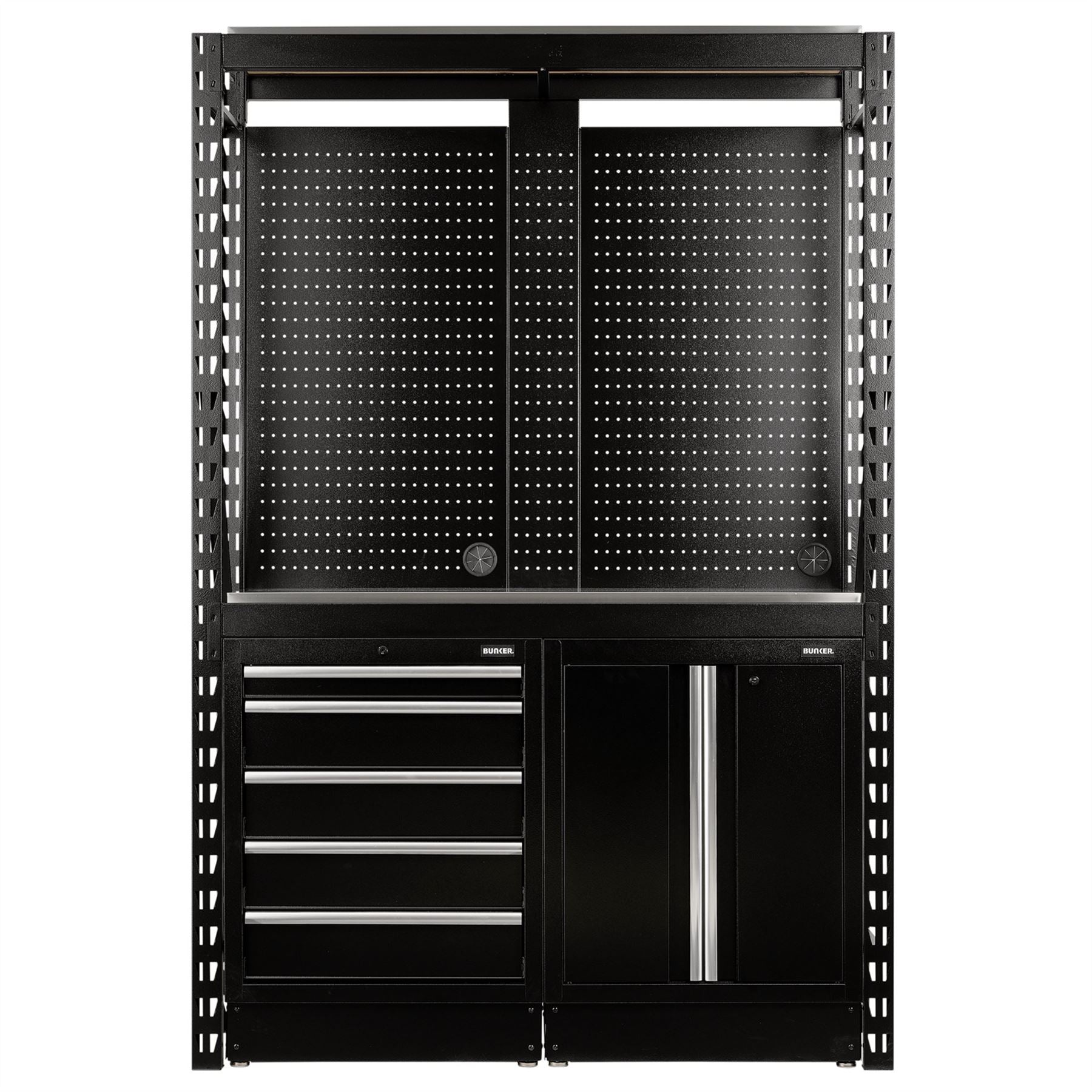 Draper 27972 BUNKER® 15 Piece Modular Storage Combo 2 Tier Racking with Stainless Steel Shelving Pegboards and Floor Cabinets 1500mm Draper