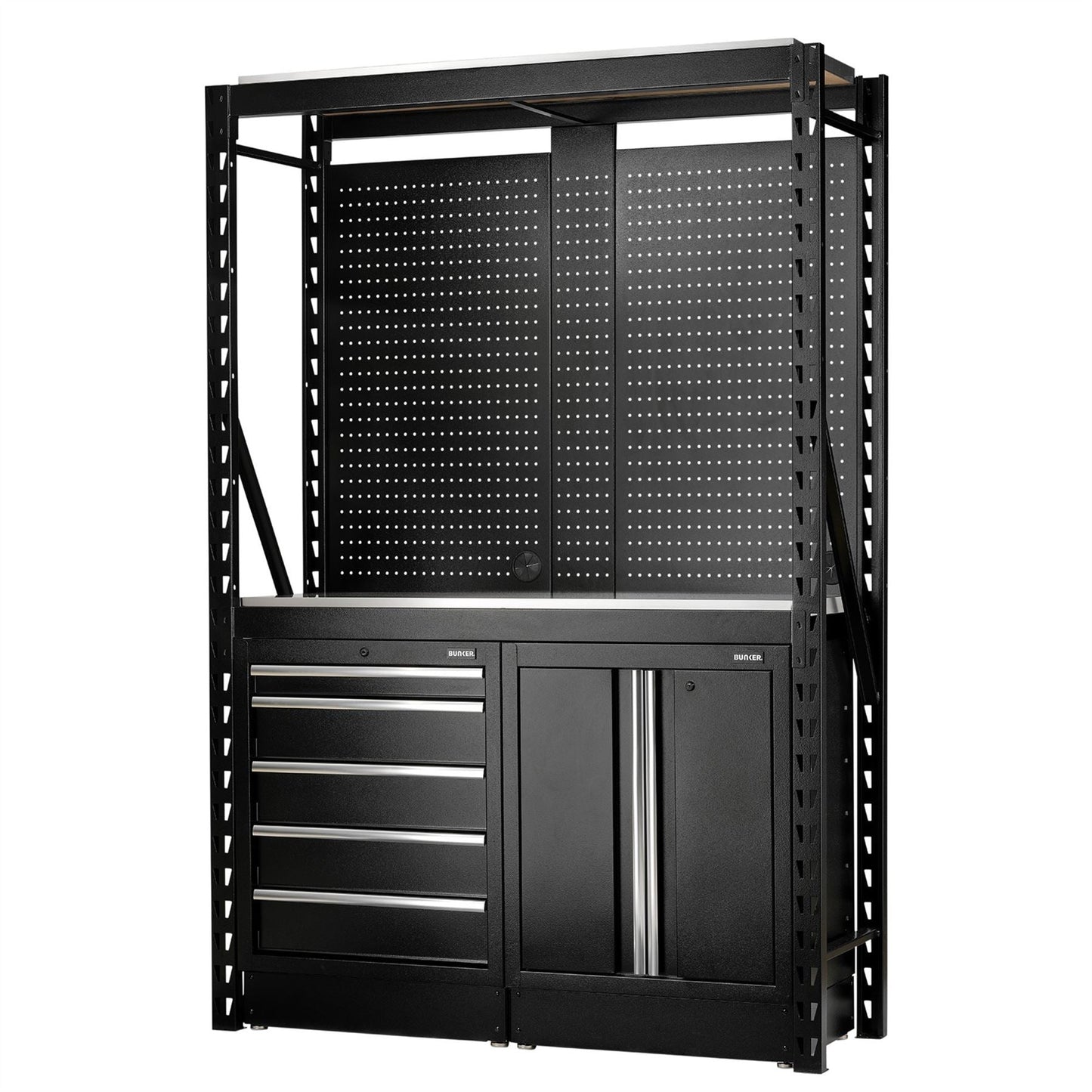 Draper 27972 BUNKER® 15 Piece Modular Storage Combo 2 Tier Racking with Stainless Steel Shelving Pegboards and Floor Cabinets 1500mm Draper