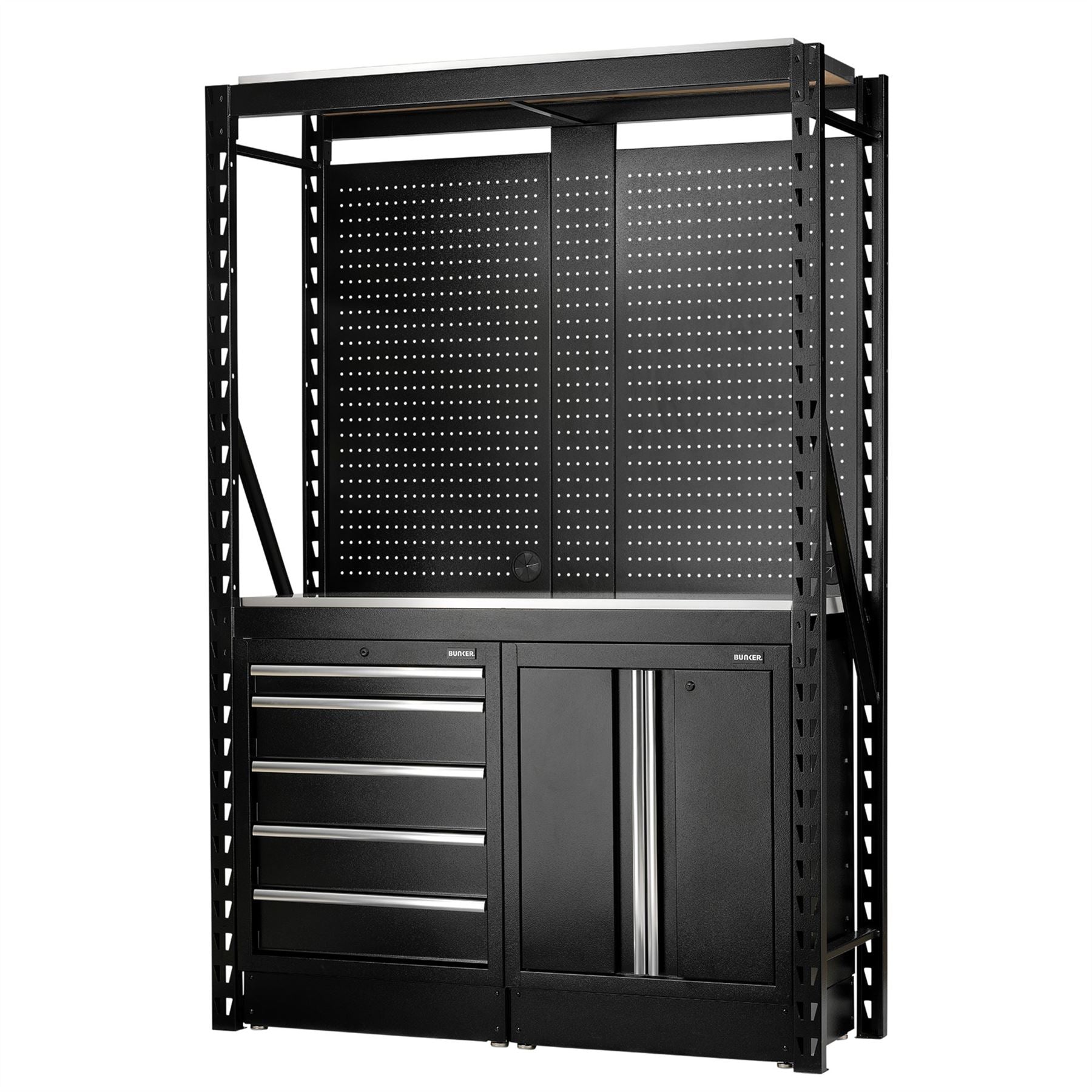 Draper 27972 BUNKER® 15 Piece Modular Storage Combo 2 Tier Racking with Stainless Steel Shelving Pegboards and Floor Cabinets 1500mm Draper