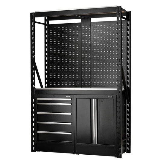 Draper 27972 BUNKER® 15 Piece Modular Storage Combo 2 Tier Racking with Stainless Steel Shelving Pegboards and Floor Cabinets 1500mm Draper