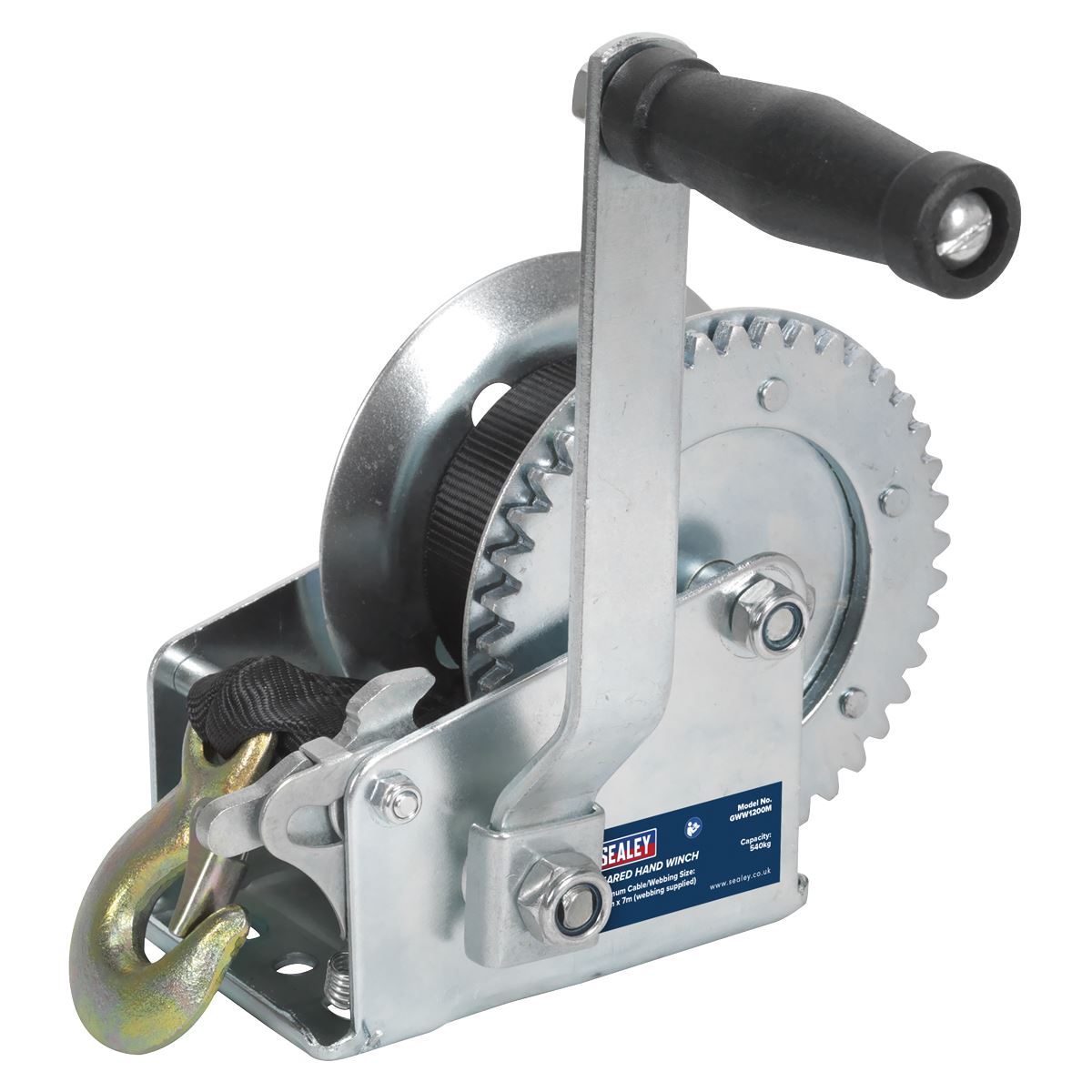 Sealey GWW1200M Geared Hand Winch 540kg Capacity with Webbing Strap Sealey