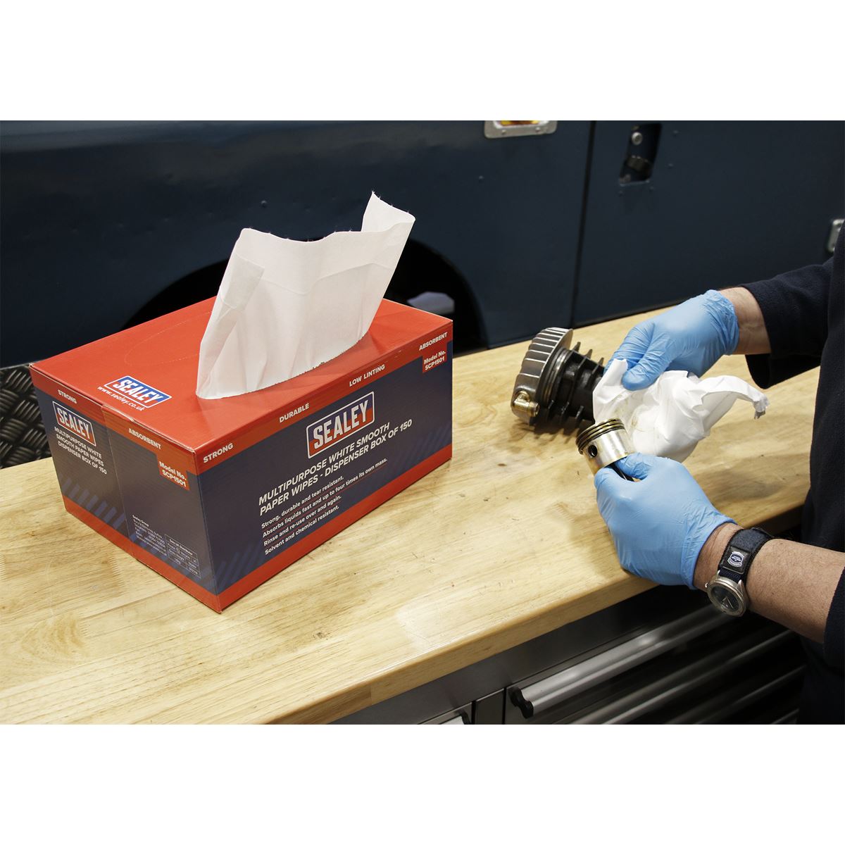 Sealey SCP1501 Multipurpose Paper Wipes in Dispenser Box - Smooth White 73gsm 150 Sheets Sealey