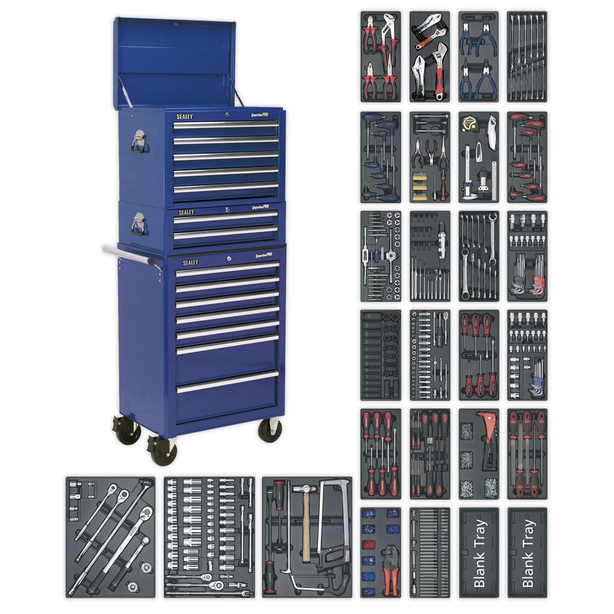 Sealey SPTCCOMBO1 Tool Chest Combination 14 Drawer with Ball-Bearing Slides - Blue & 1179pc Tool Kit Sealey