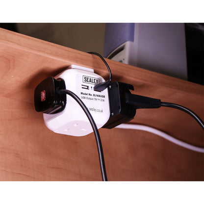 Sealey EL144USB Extension Cable Cube 1.4m 4 x 230V & 2 x USB Sockets - White Sealey