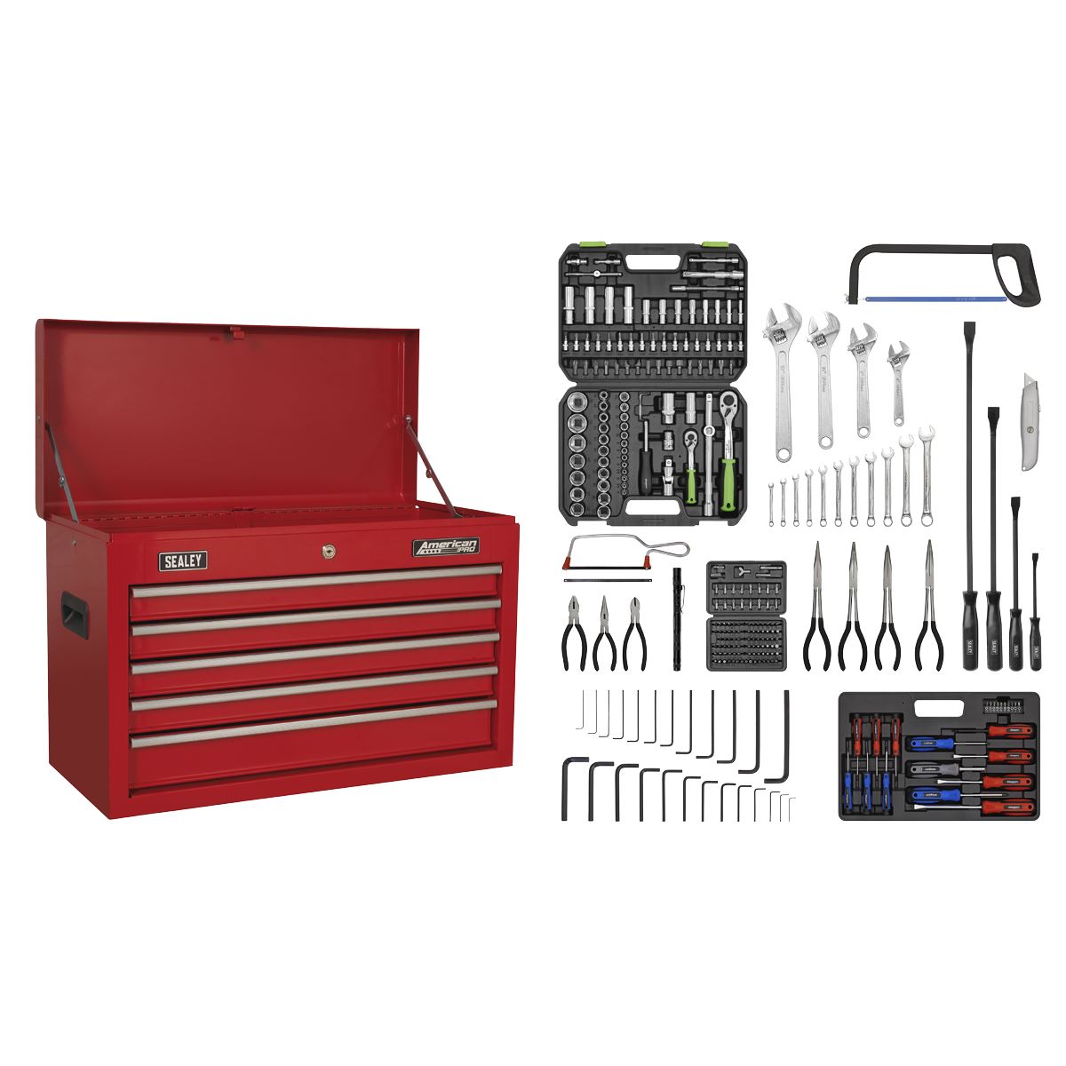 Sealey AP225COMBO Topchest 5 Drawer with Ball-Bearing Slides - Red & 272pc Tool Kit Sealey