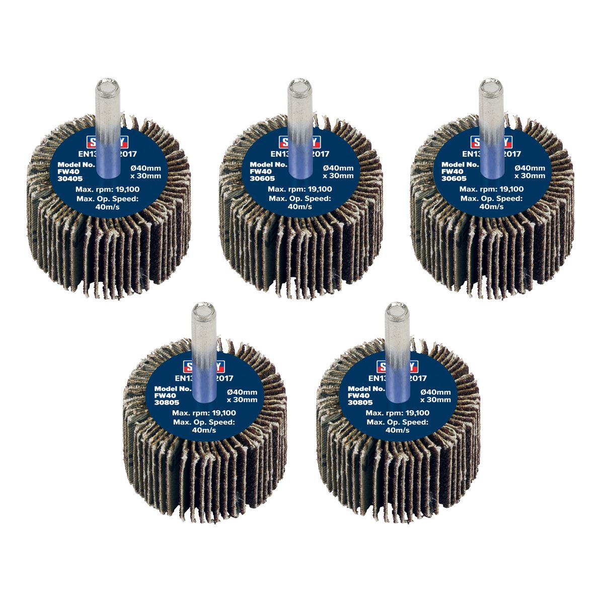 Sealey FW4030ASS Abrasive Flap Wheel Ø40 x 30mm Ø6mm Shaft Assorted Grit - Pack of 5 Sealey