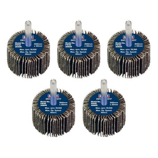 Sealey FW4030ASS Abrasive Flap Wheel Ø40 x 30mm Ø6mm Shaft Assorted Grit - Pack of 5 Sealey