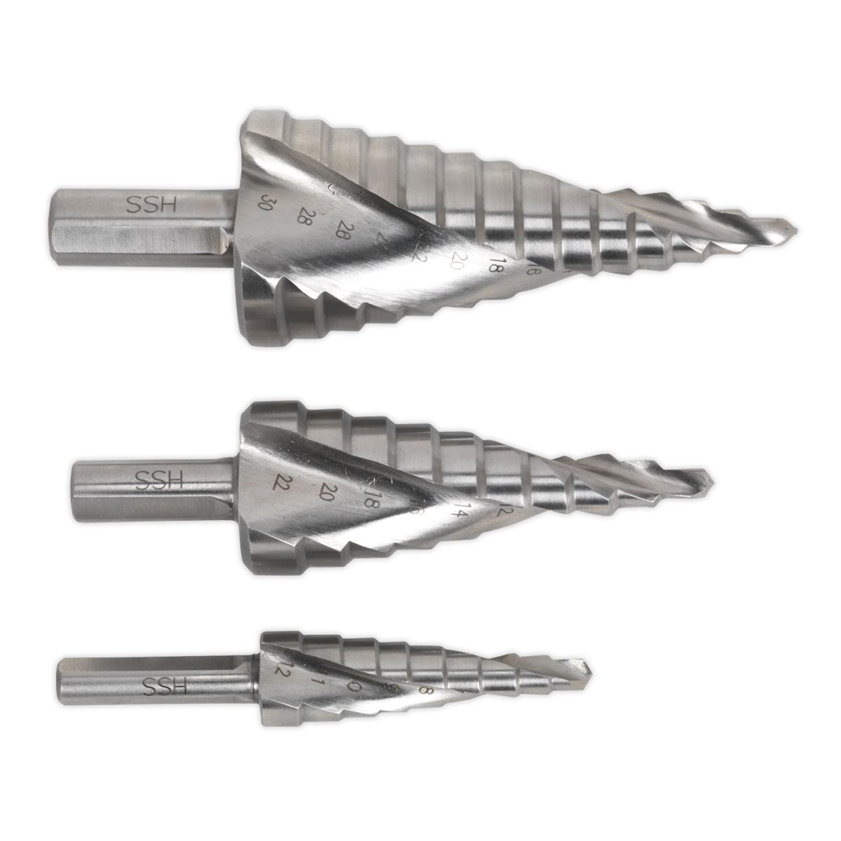 Sealey AK4749 HSS 4341 Step Drill Bit Set 3pc Spiral Flute Sealey