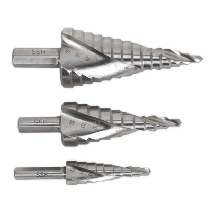 Sealey AK4749 HSS 4341 Step Drill Bit Set 3pc Spiral Flute Sealey