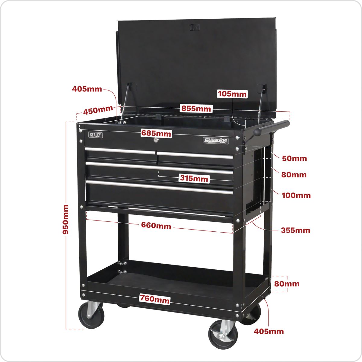 Sealey AP850MB Heavy-Duty Mobile Tool & Parts Trolley with 4 Drawers & Lockable Top - Black Sealey