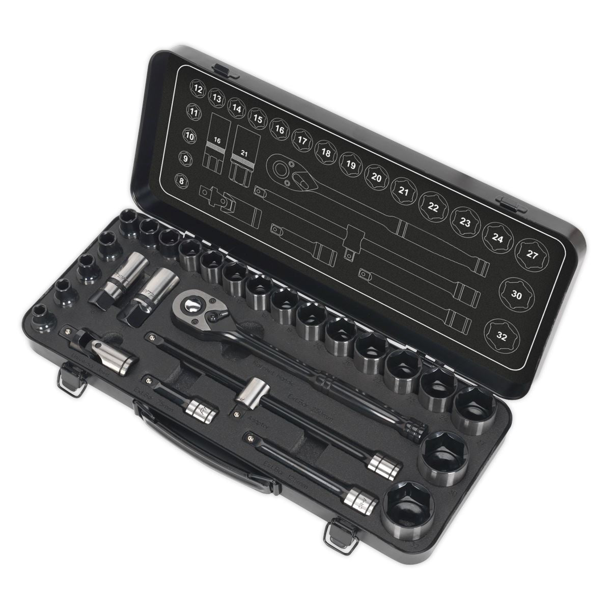 Sealey AK7972 Socket Set 28pc 1/2"Sq Drive 6pt WallDrive® Metric Premier Black Sealey
