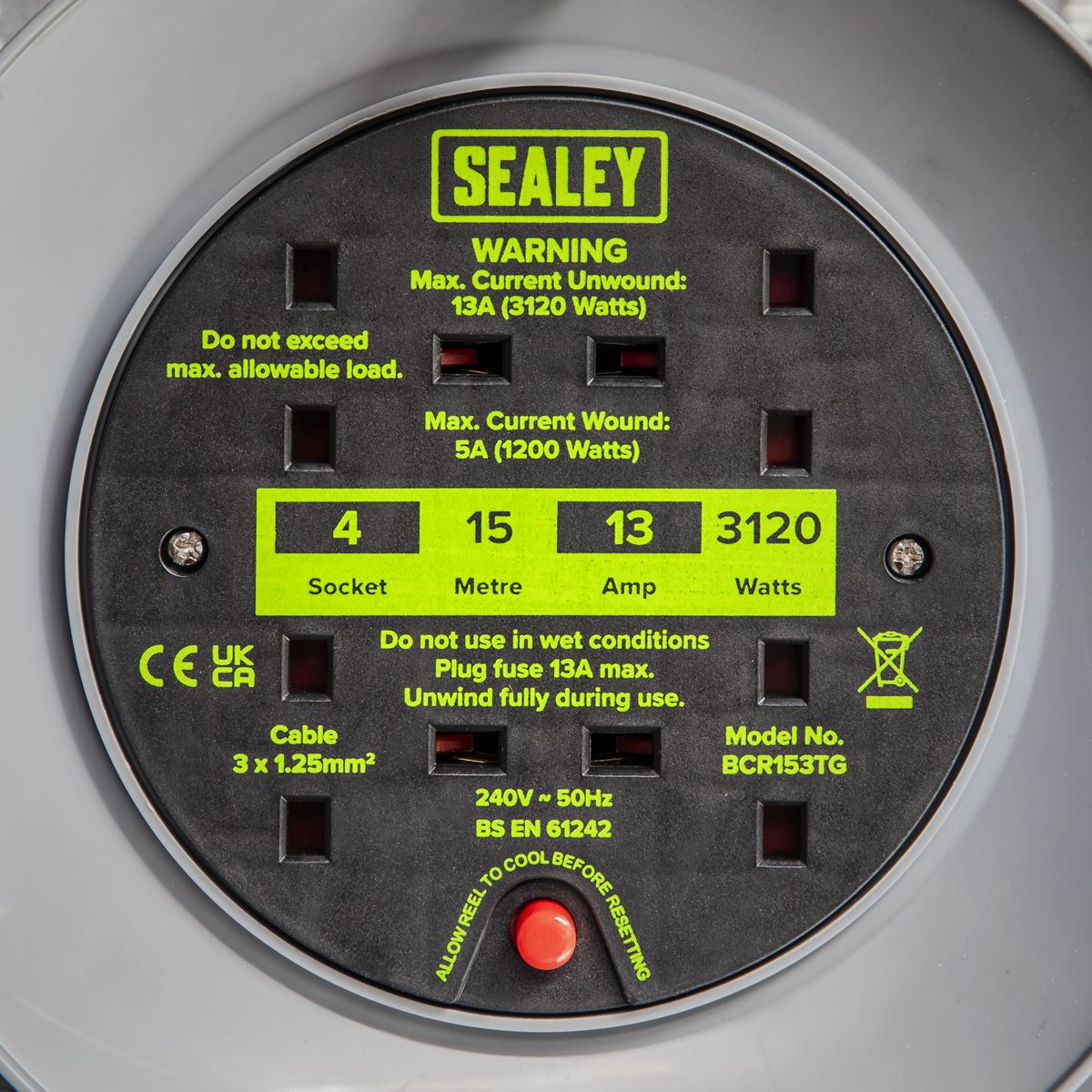 Sealey BCR153TG Cable Reel with Thermal Trip 4 x 230V 15m - Green Sealey