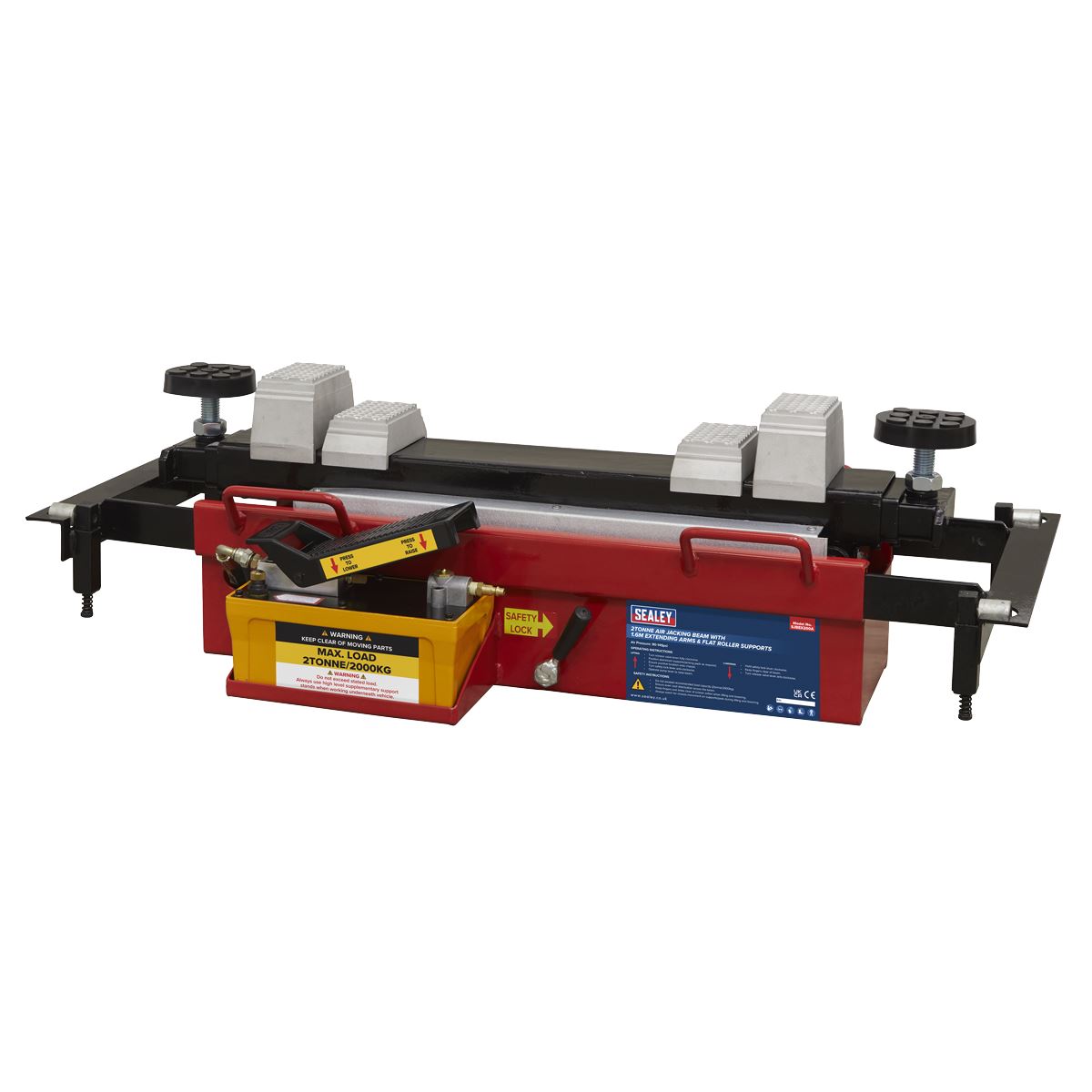 Sealey SJBEX200A Air Jacking Beam 2 Tonne with Arm Extenders & Flat Roller Supports Sealey