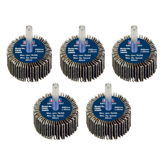 Sealey FW4020ASS Abrasive Flap Wheel Ø40 x 20mm Ø6mm Shaft Assorted Grit - Pack of 5 Sealey