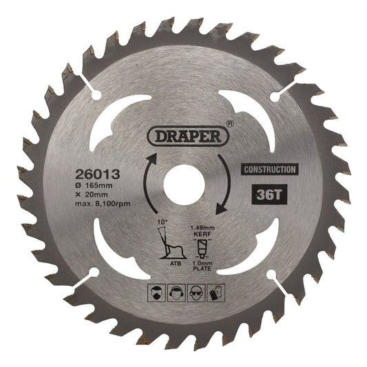 Draper 26013 TCT Cordless Construction Circular Saw Blade for Wood & Composites 165 x 20mm 36T Draper