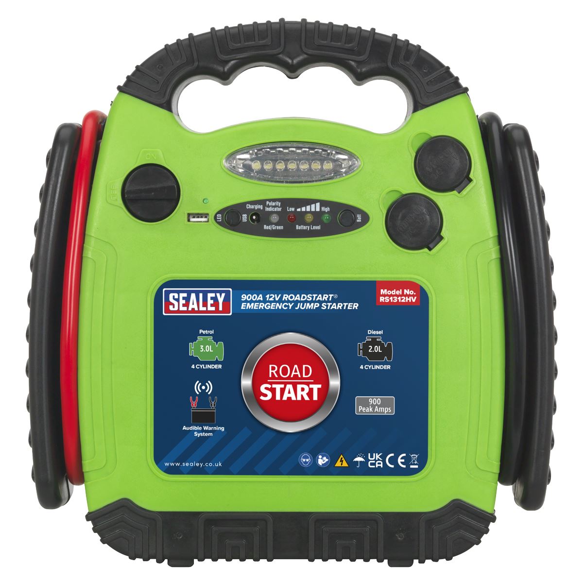 Sealey RS1312HV RoadStart® Emergency Jump Starter 12V 900 Peak Amps Hi-Vis Green Sealey