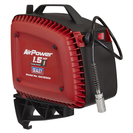 Sealey SAC15WM Wall Mounting Oil Free Air Compressor 1.5hp with 7m Retractable Hose Reel Sealey