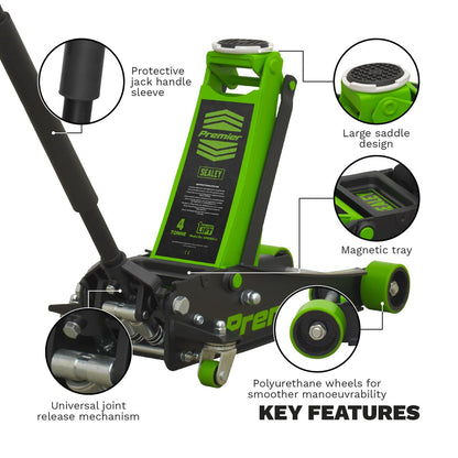 Sealey 4040AG Premier Low Profile Trolley Jack with Rocket Lift 4 Tonne - Green Sealey