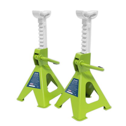 Sealey VS2002HV Ratchet Type Axle Stands (Pair) 2 Tonne Capacity per Stand - Hi-Vis Green Sealey