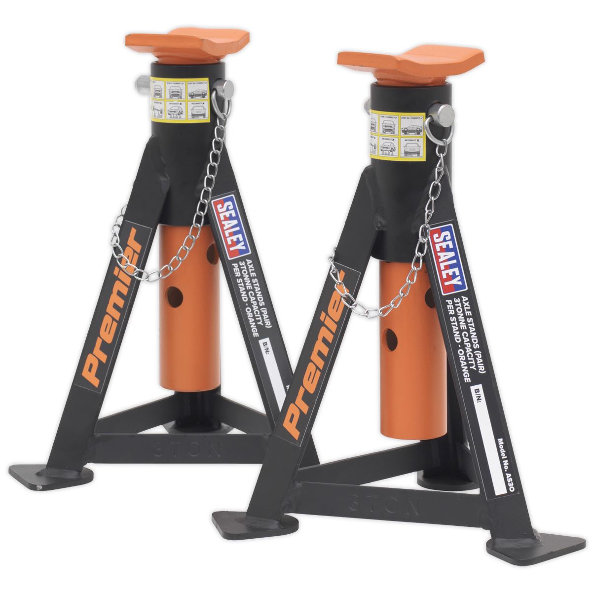 Sealey AS3O Premier Axle Stands (Pair) 3 Tonne Capacity per Stand - Orange Sealey