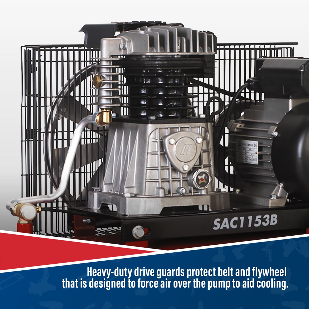 Sealey SAC1153B Air Compressor 150L Belt Drive 3hp with Cast Cylinders Sealey