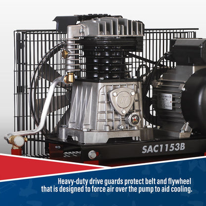 Sealey SAC1153B Air Compressor 150L Belt Drive 3hp with Cast Cylinders Sealey