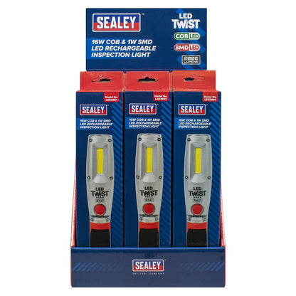 Sealey LED2001DB LED Twist Rechargeable Inspection Light 16W COB & 1W SMD - Display Box of 12 Sealey