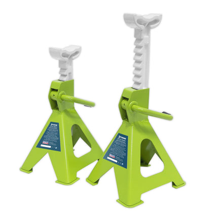 Sealey VS2002HV Ratchet Type Axle Stands (Pair) 2 Tonne Capacity per Stand - Hi-Vis Green Sealey