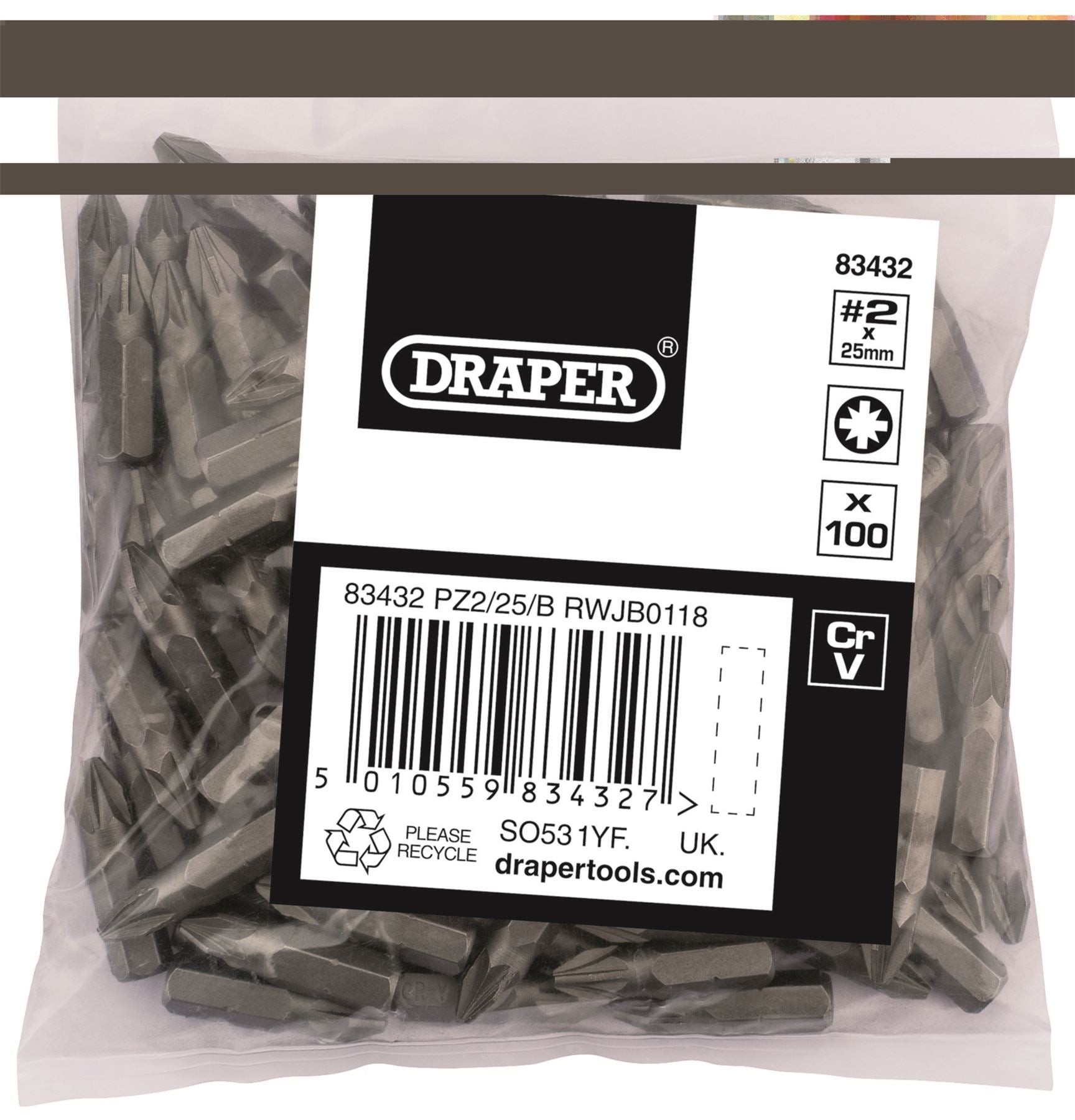 Draper 83432 PZ TYPE Insert Bits 1/4" No.2 Bag of 100 Draper