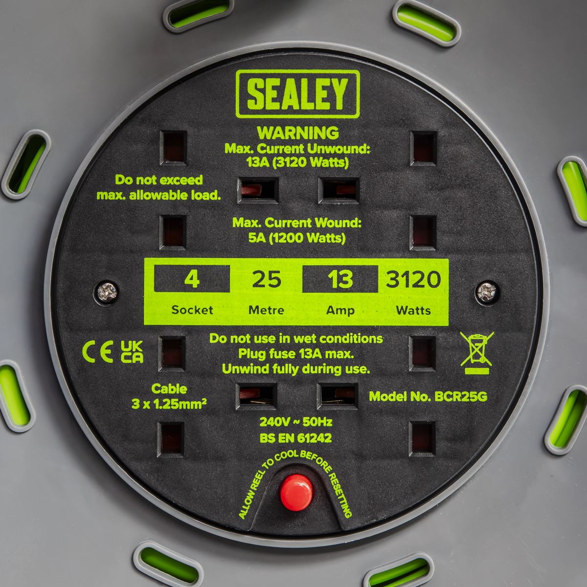 Sealey BCR25G Cable Reel with Thermal Trip 4 x 230V Sockets 25m - Green Sealey