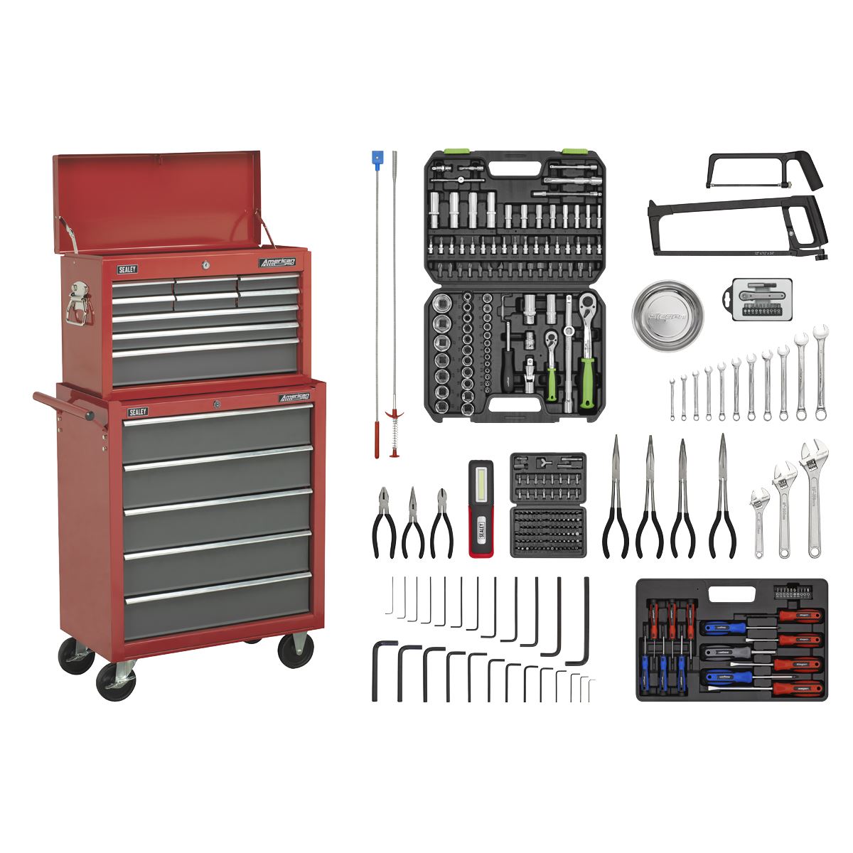 Sealey AP2250BBCOMBO Topchest & Rollcab Combination 14 Drawer with Ball-Bearing Slides - Red/Grey & 281pc Tool Kit Sealey
