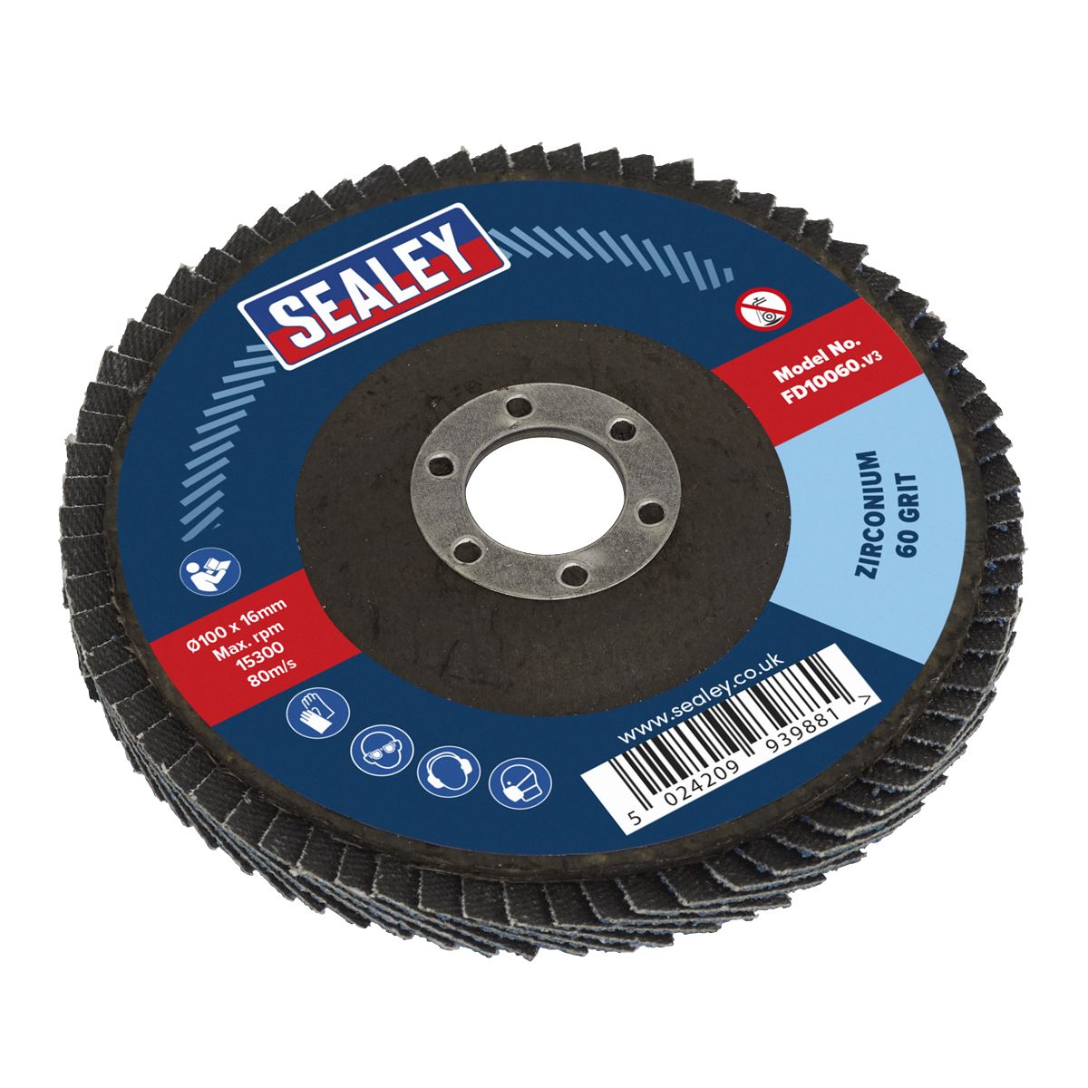 Sealey FD10060 Flap Disc Zirconium Ø100mm Ø16mm Bore 60Grit Sealey