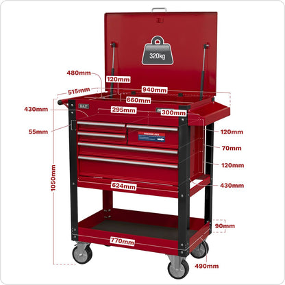 Sealey AP890M Heavy-Duty Mobile Tool & Parts Trolley with 5 Drawers & Lockable Top Sealey