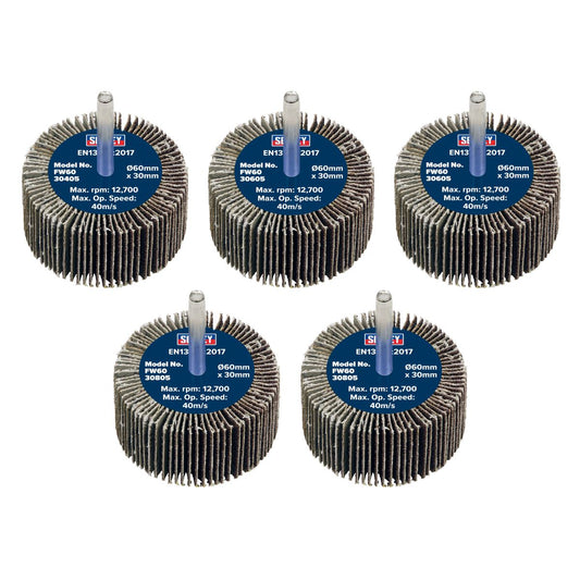 Sealey FW6030ASS Abrasive Flap Wheel Ø60 x 30mm Ø6mm Shaft Assorted Grit - Pack of 5 Sealey