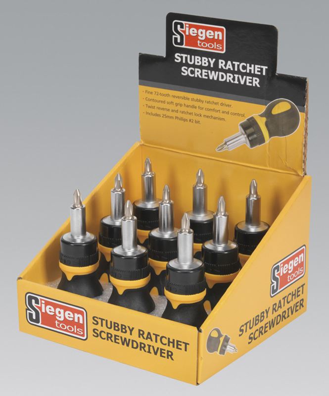 Siegen S0936 Screwdriver Ratchet Stubby Display Box of 9 Siegen
