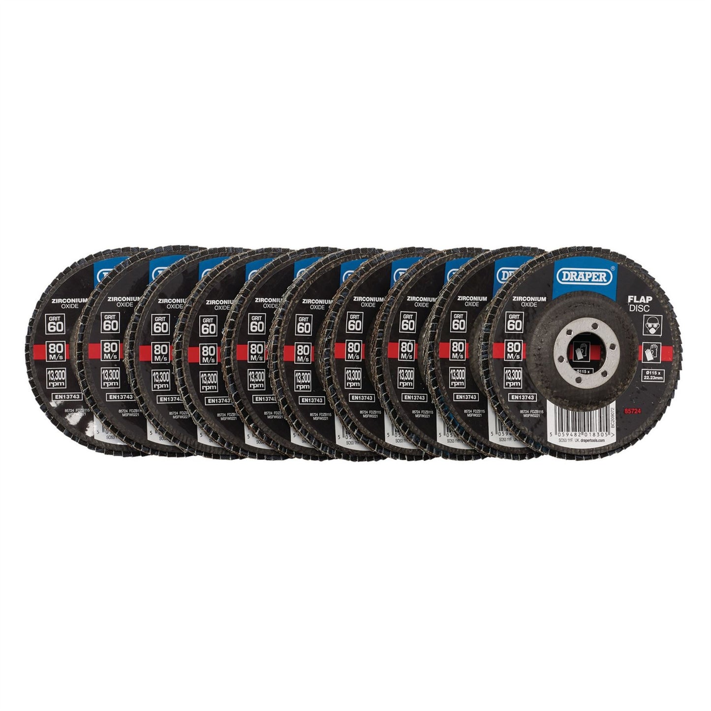 Draper 85724 Zirconium Oxide Flap Discs 115 x 22.23mm 60 Grit Pack of 10 Draper