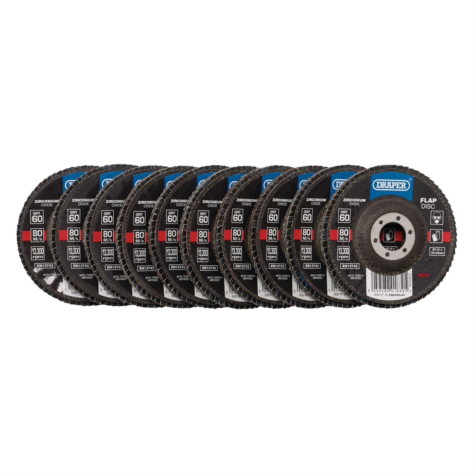 Draper 85724 Zirconium Oxide Flap Discs 115 x 22.23mm 60 Grit Pack of 10 Draper