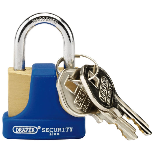Draper 64164 Solid Brass Padlock and 2 Keys with Hardened Steel Shackle and Bumper 32mm Draper