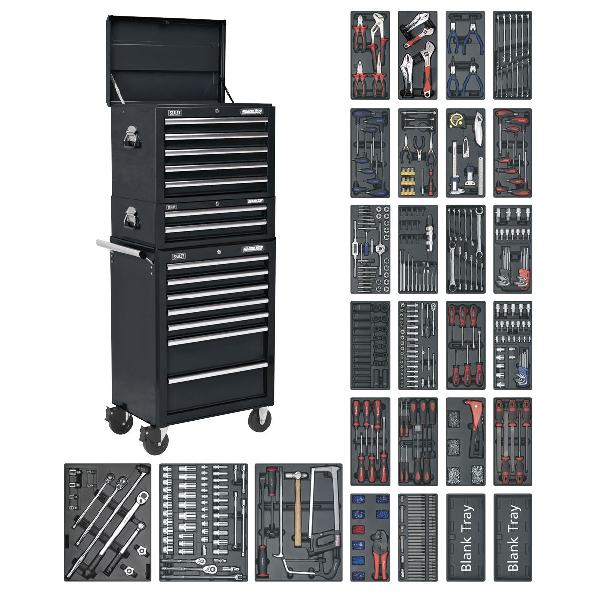 Sealey SPTCOMBO2 Tool Chest Combination 14 Drawer with Ball-Bearing Slides - Black & 1179pc Tool Kit Sealey