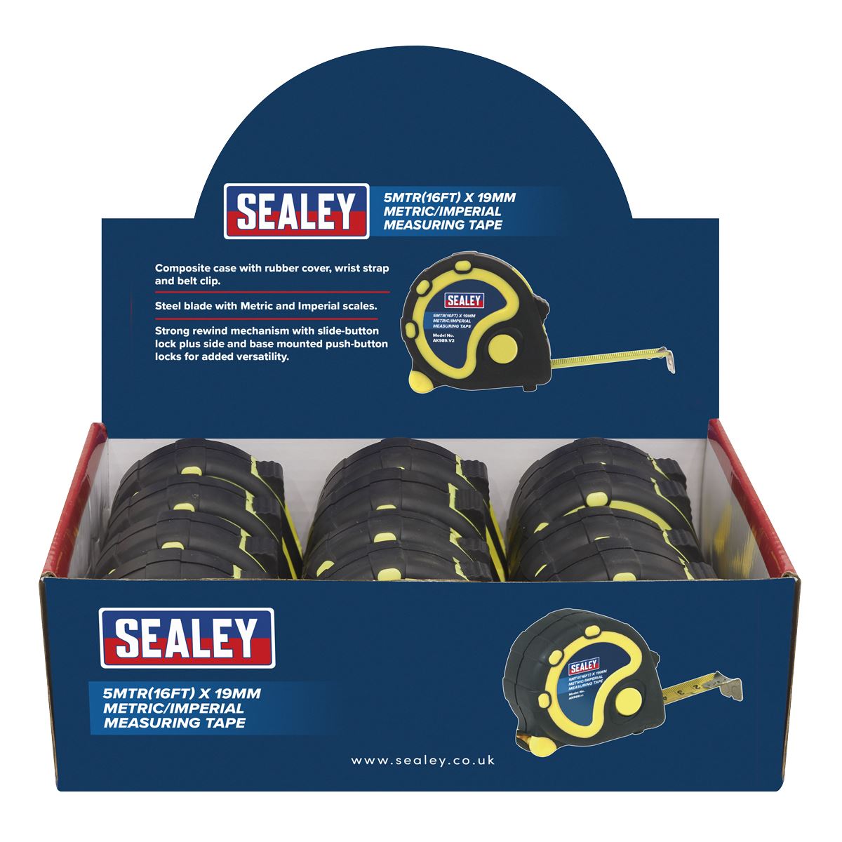 Sealey AK98912 Rubber Tape Measure 5m(16ft) x 19mm Metric/Imperial Display Box of 12 Sealey