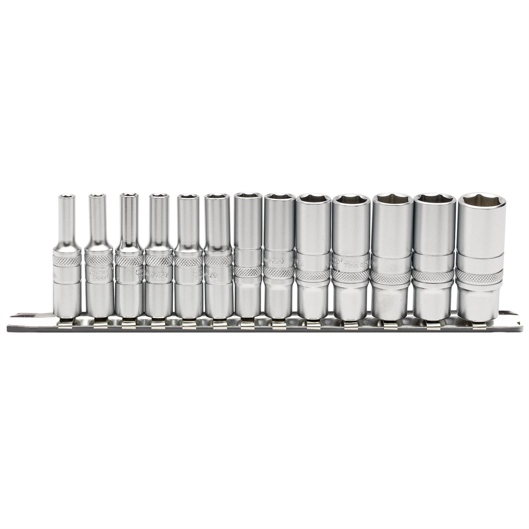 Draper 16490 Deep Metric Socket Set on a Metal Rail 1/4" Sq. Dr. 13 Piece Draper