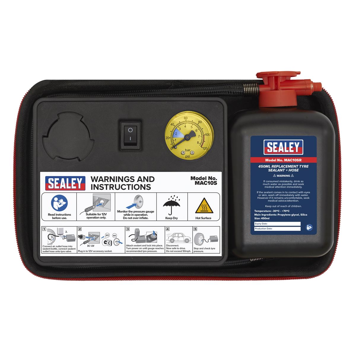 Sealey MAC10S Tyre Inflator 12V & Emergency Puncture Sealant Kit Sealey