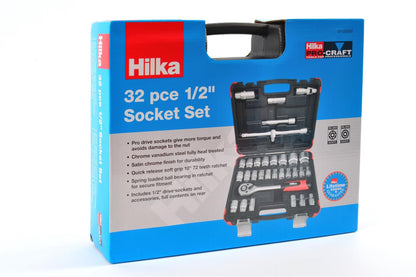 Hilka 32 pce 1/2" Drive Socket Set Metric 01123202 Hilka