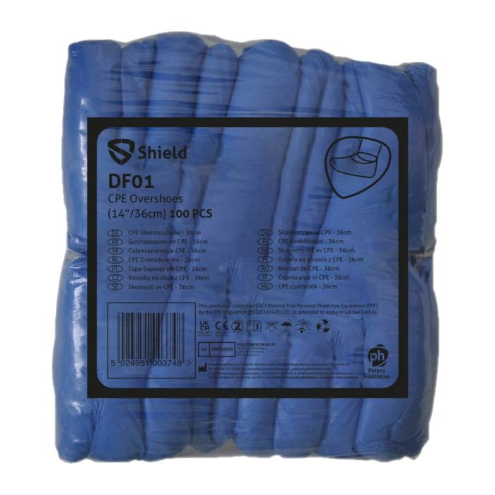 Shield DF01 Disposable Overshoes 14" Hand-sealed Polythene Case of 2000 – Blue Shield