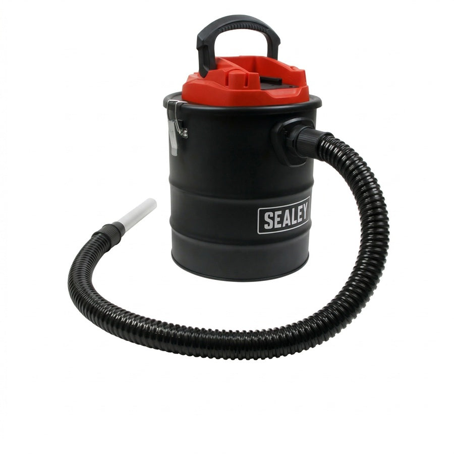 Sealey CP20VAV 20V Cordless Handheld Ash Vacuum Cleaner with 15L black metal tank, flexible 1m hose, and red motor housing on a white background.